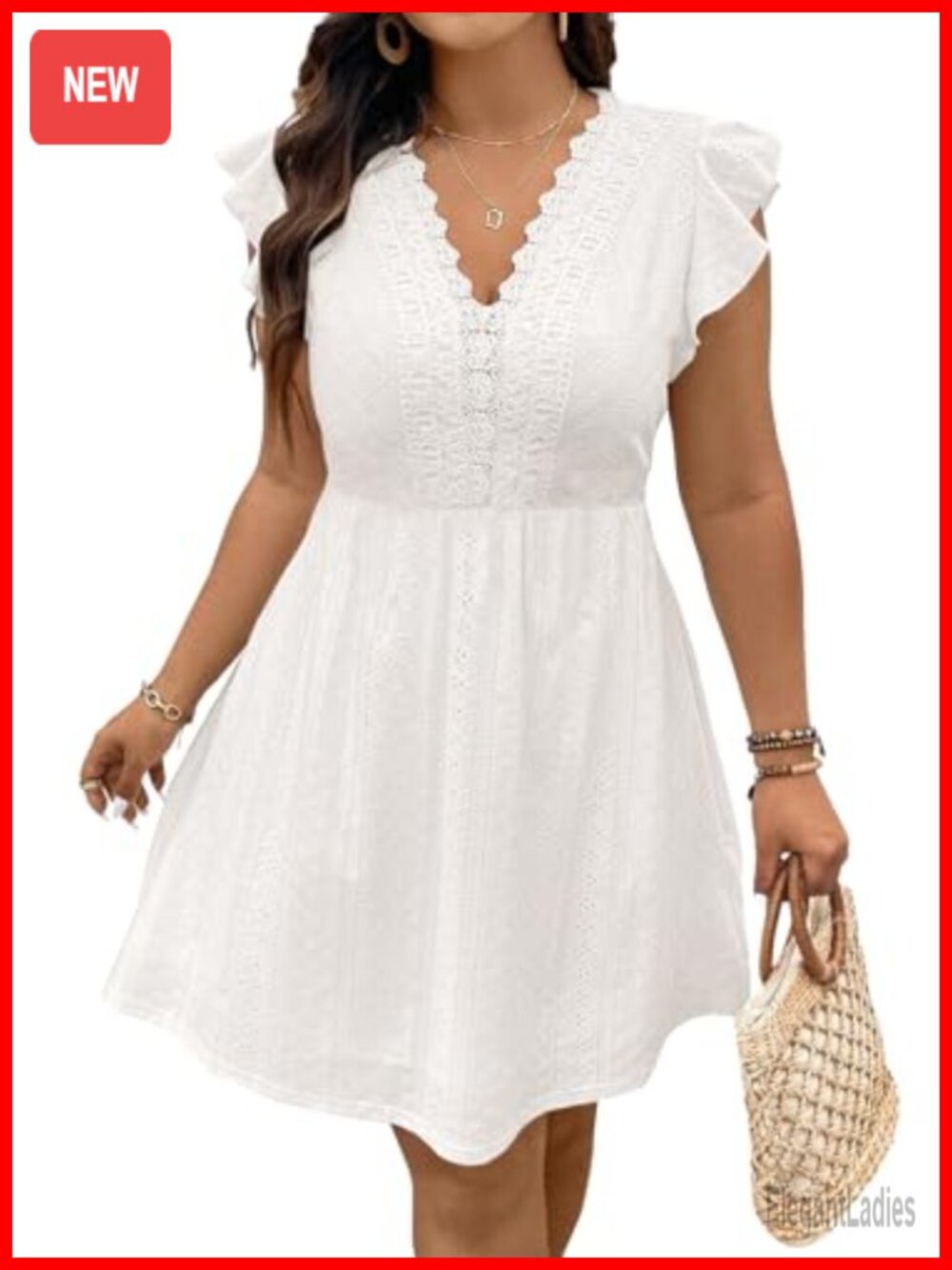 Plus Size Ruffle Cap Sleeve Lace V-Neck Embroidery Eyelet A-Line Mini Dress
